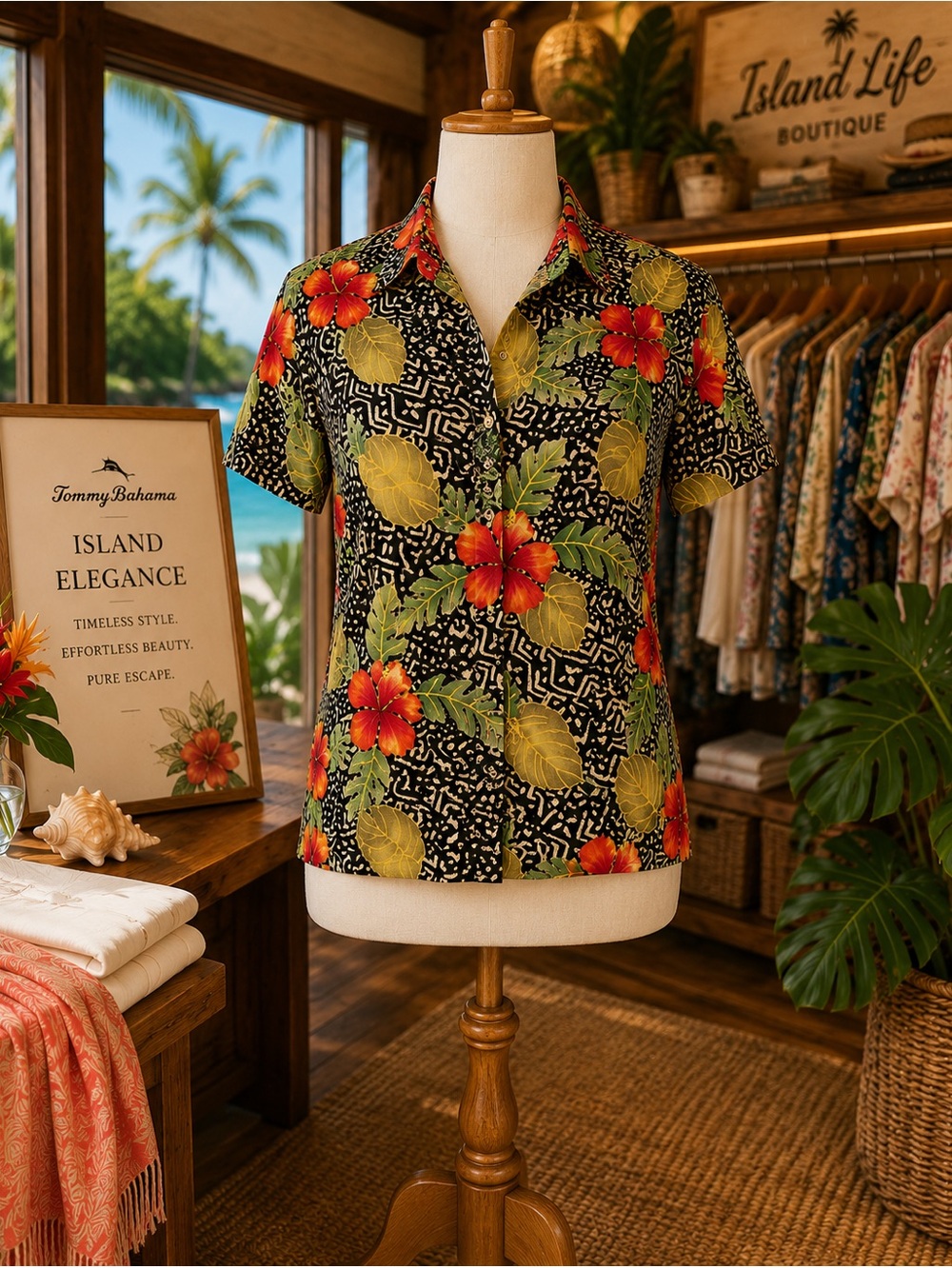 White stag  Black Hawaiian Floral Button-Up